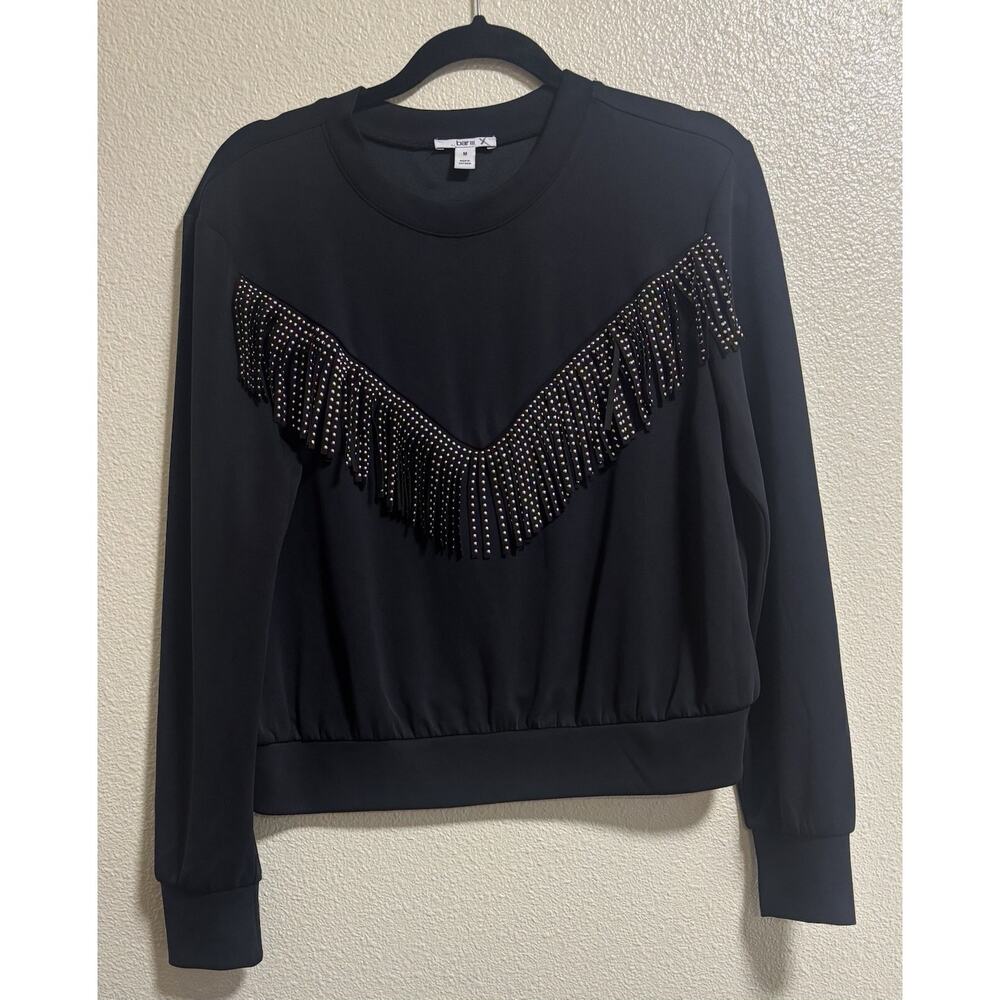 Bar III Women’s Size M Sweater Black Fringe Studded Western Cowgirl Festival